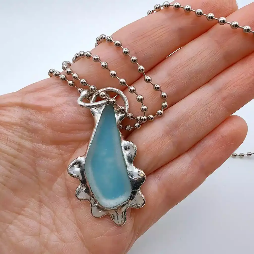 Statement Mermaid Necklace - Blue Sea Glass Pendant - Japan sea glass