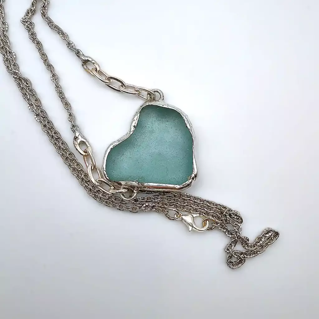 Aqua Sea Glass Heart Pendant on a chain