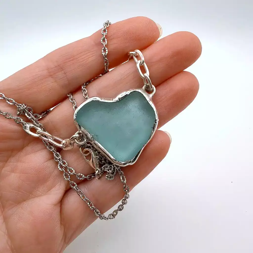Aqua Sea Glass Heart Necklace - Japan Sea glass