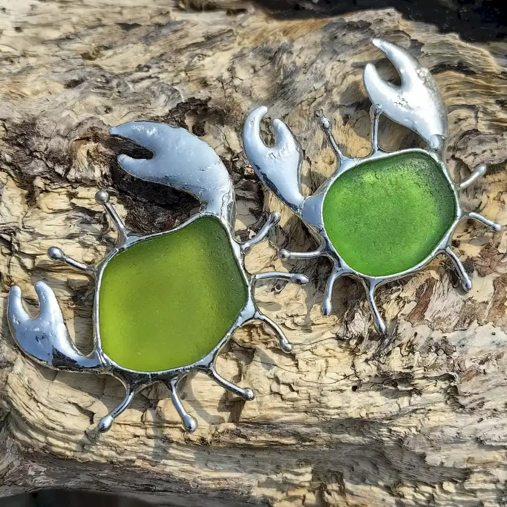 Two Green sea glass crab pendant - Japan Sea glass