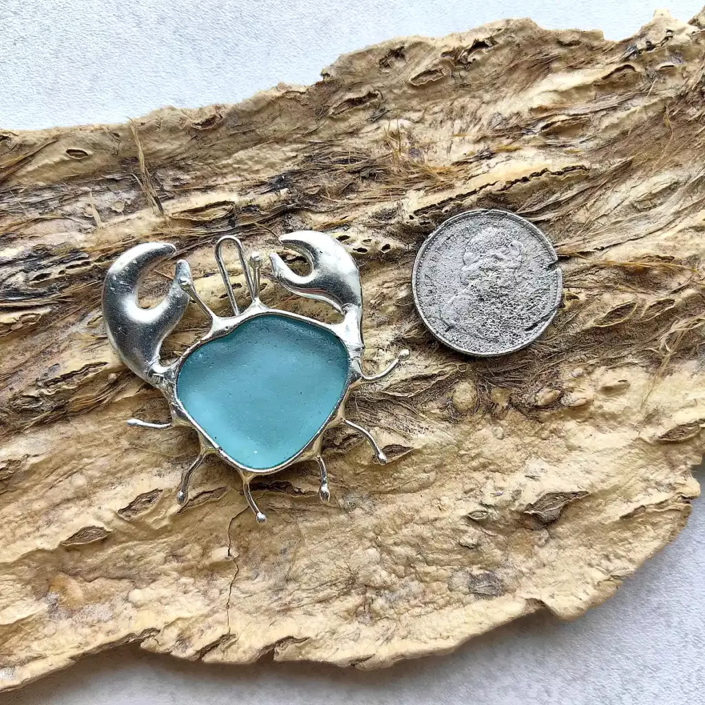 Aqua sea glass crab pendant
