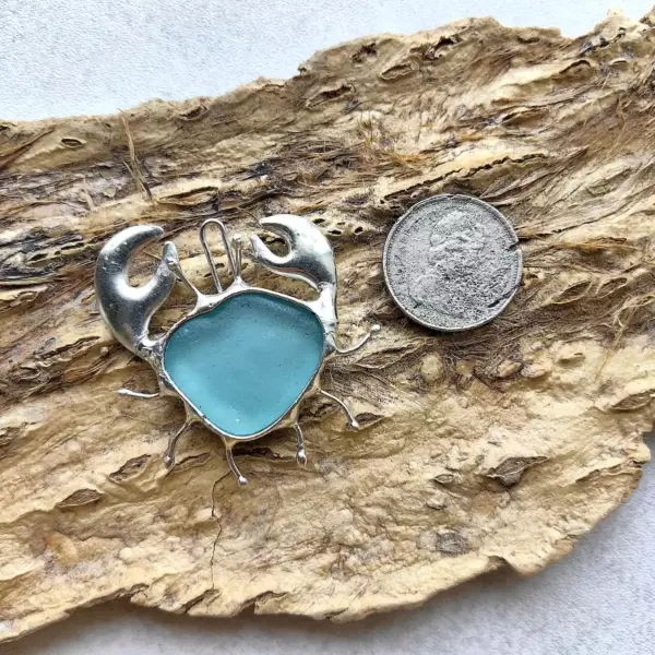 Aqua sea glass crab pendant