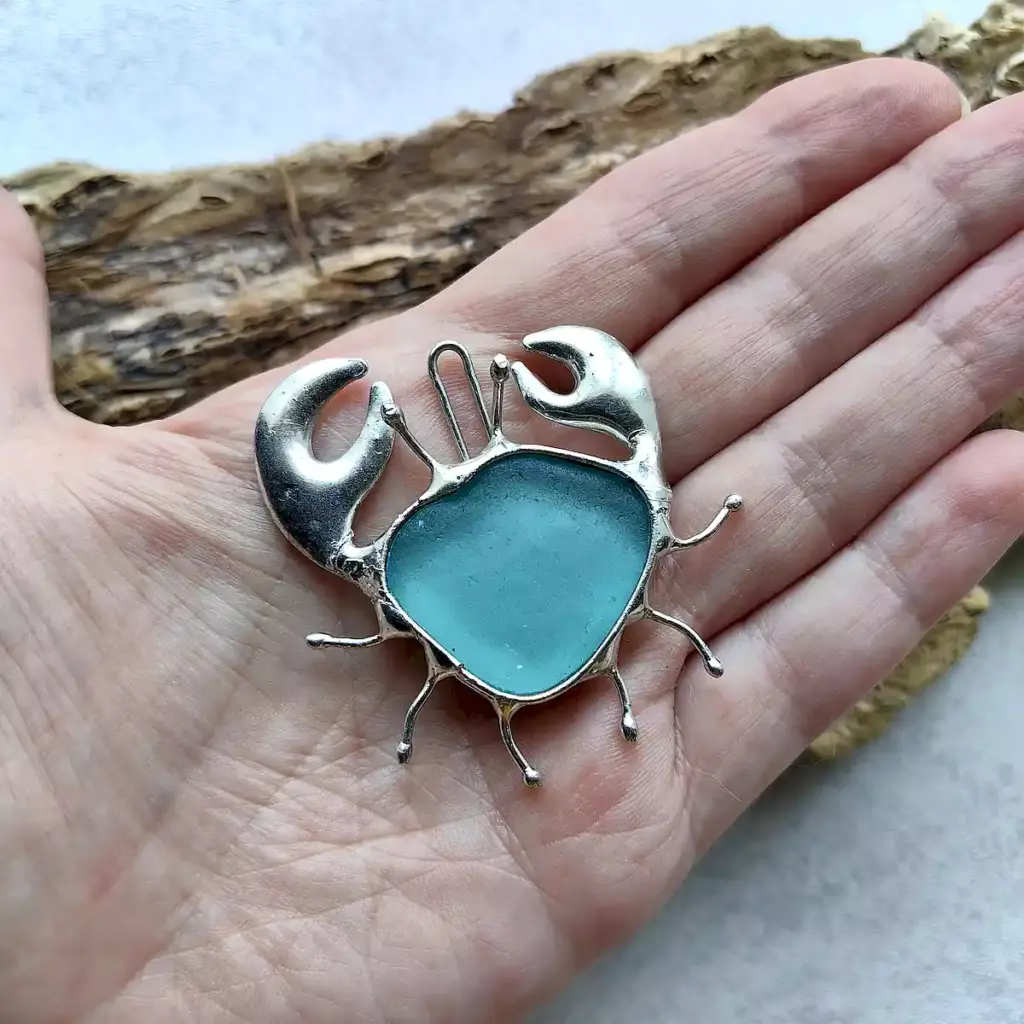 Aqua sea glass crab pendant - Japan Sea glass