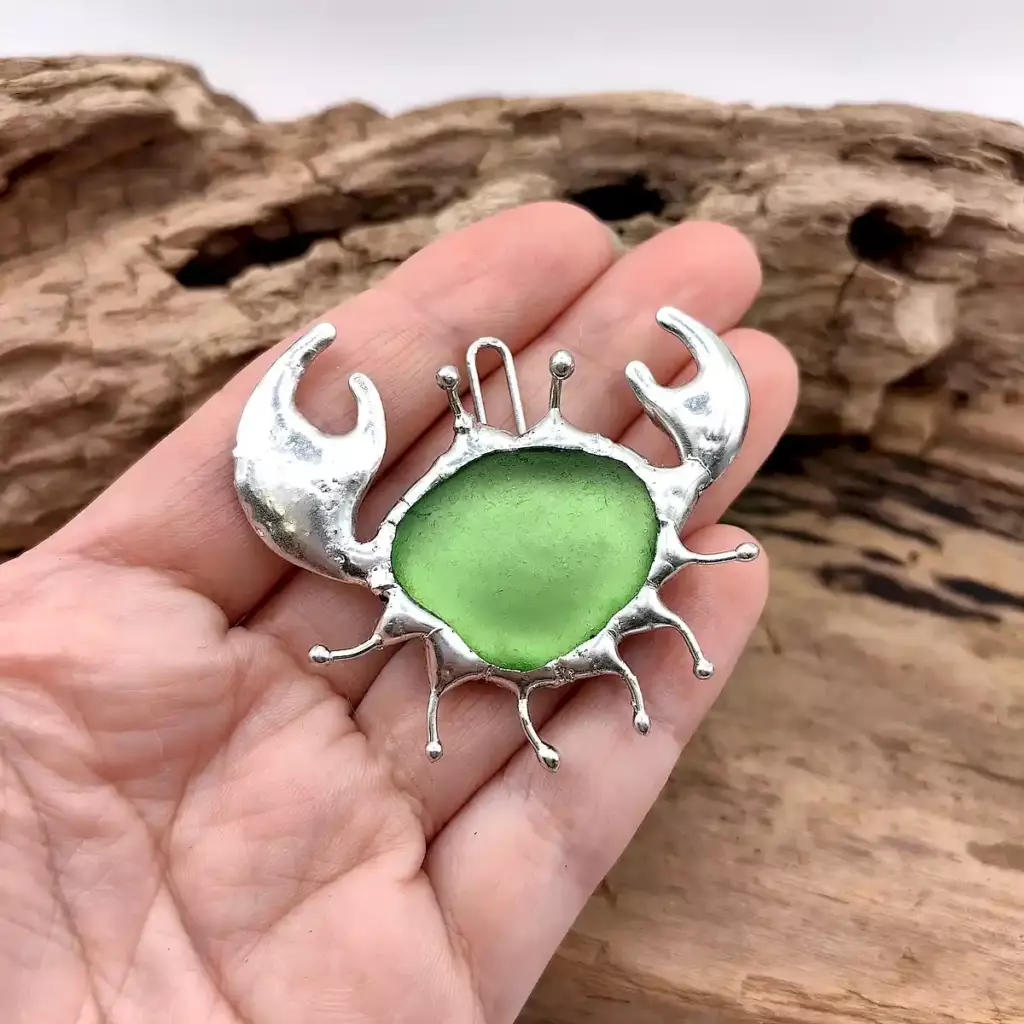 Green crab pendant - Japan sea glass