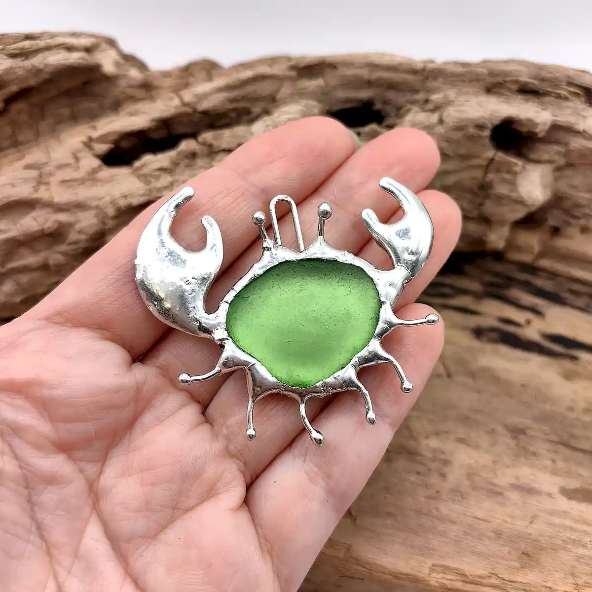 Green crab pendant - Japan sea glass