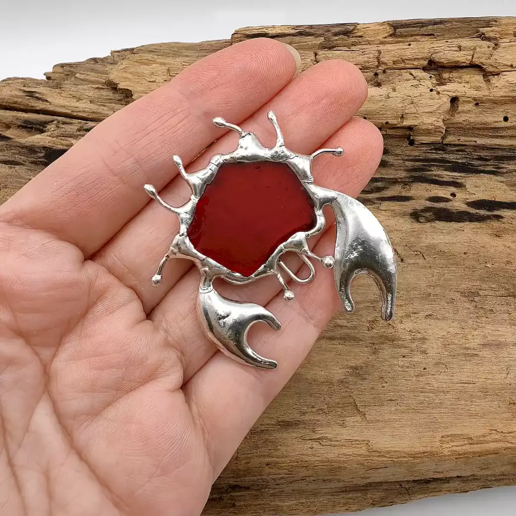 Red sea glass crab pendant - Japan Sea glass