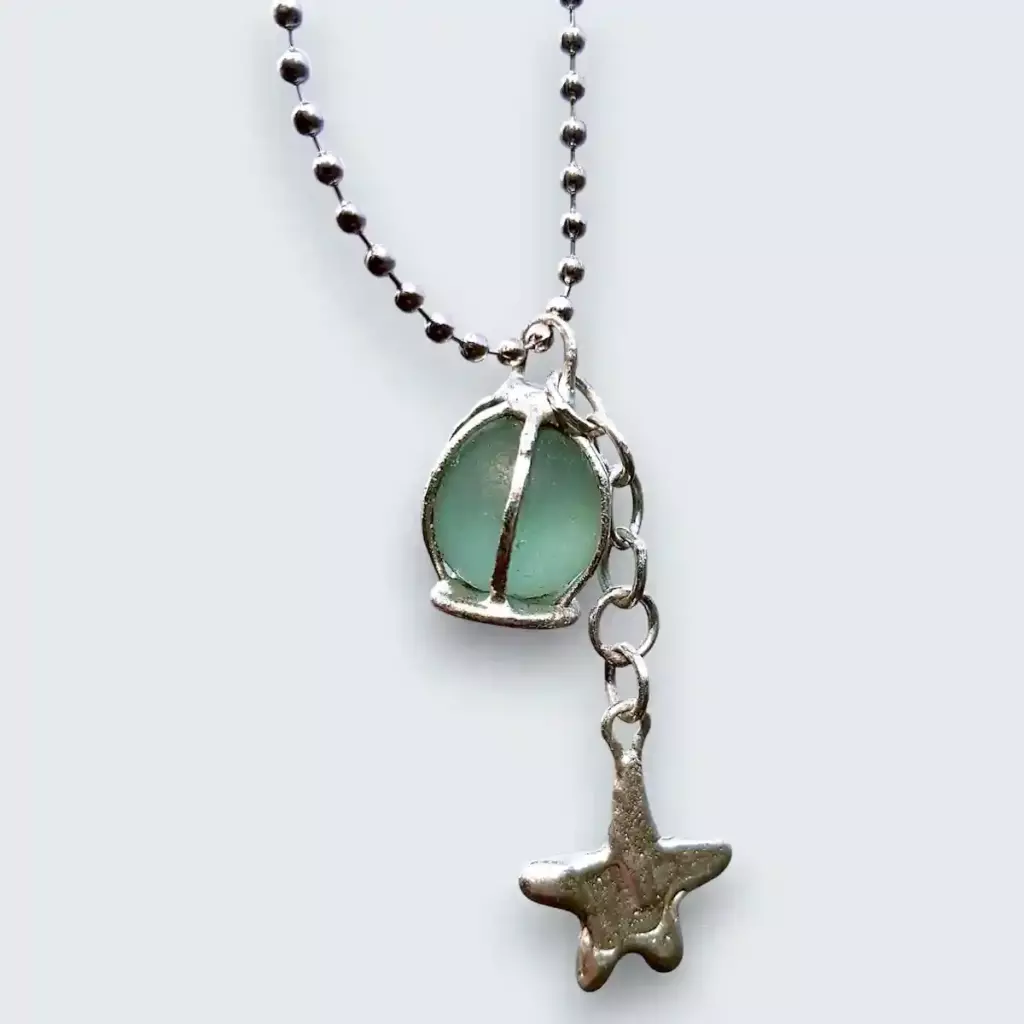 Great Teal Codd Marble Necklace with starfish charm - Japan Sea glass jewelry