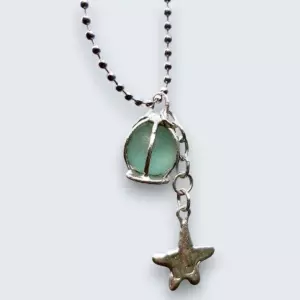 Great Teal Codd Marble Necklace with starfish charm - Japan Sea glass jewelry