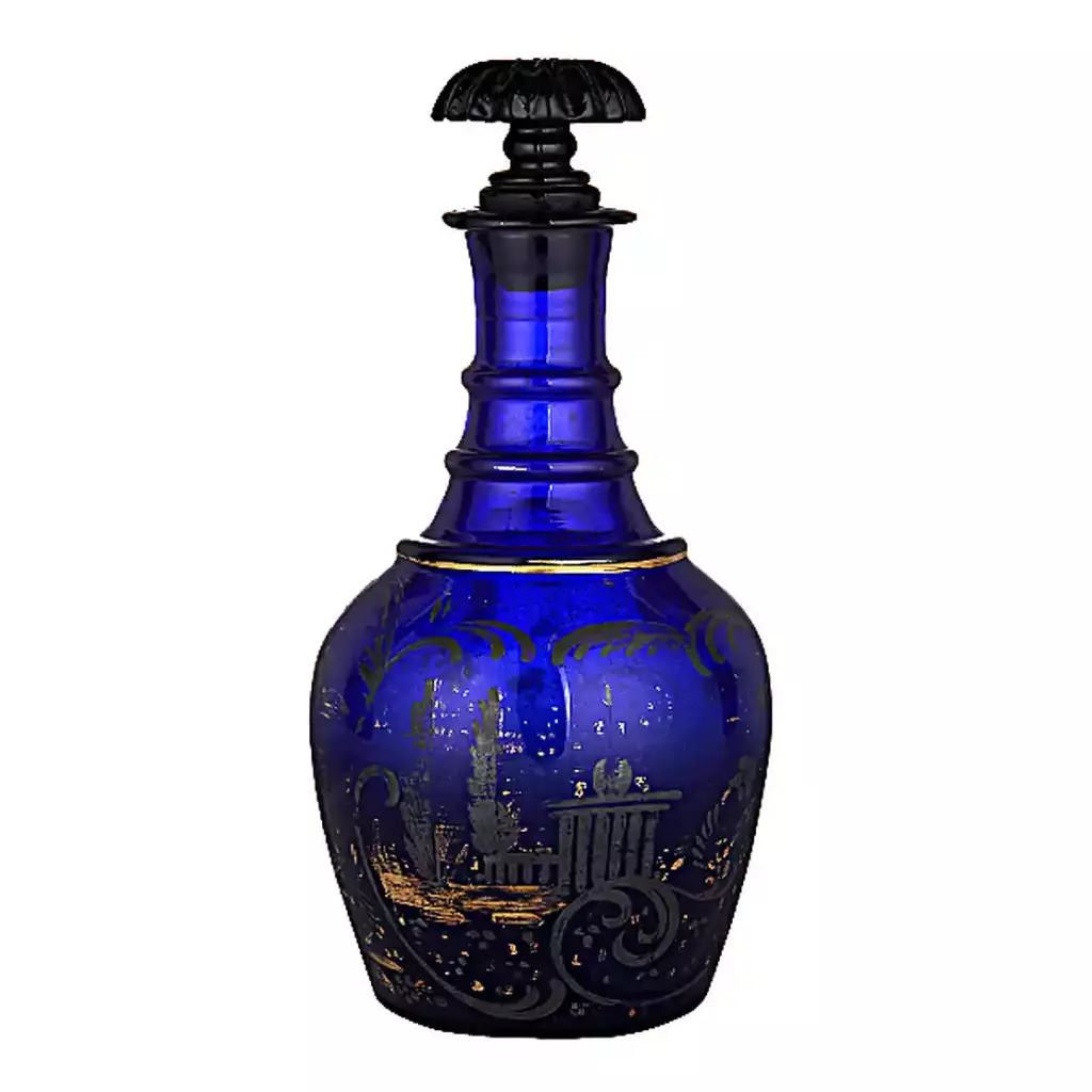 A decanter with a stopper. Imperial Glassworks, late 19th century. Cobalt glass, blown.